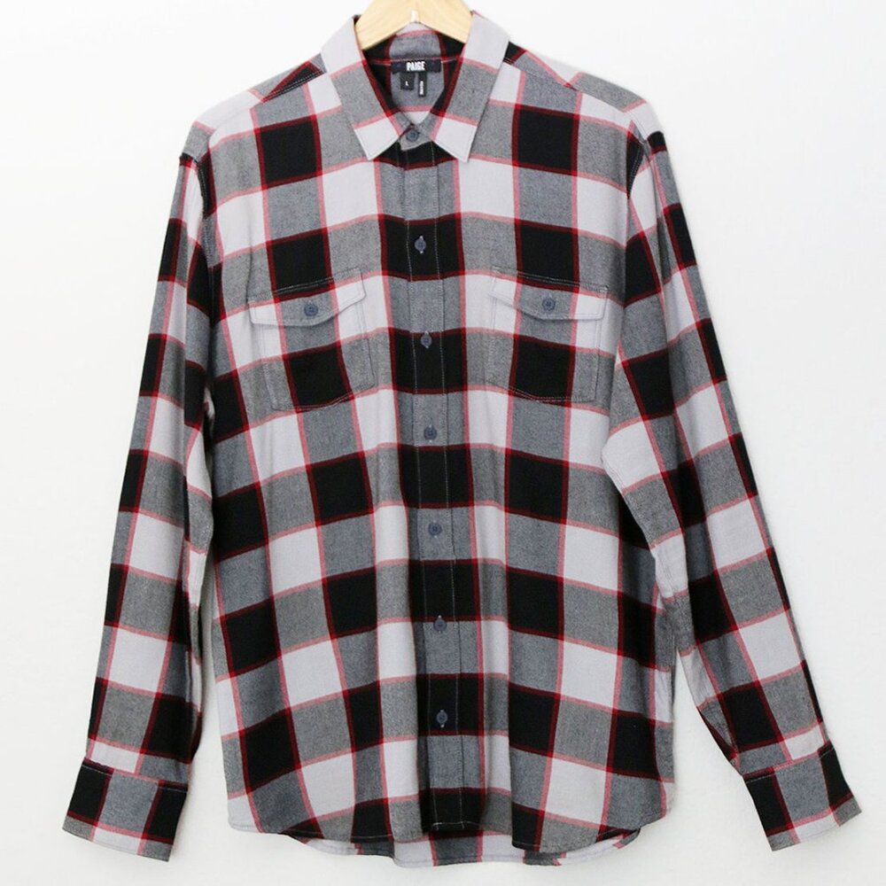 Paige Men's L Everett Plaid Flannel Button-Up Shirt Grey Dust Bedford Check $169